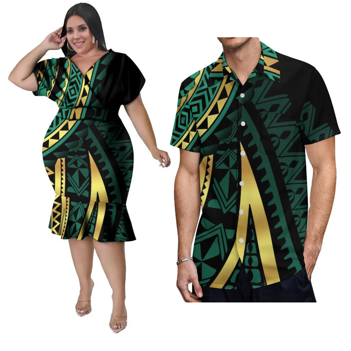 Hot Couple Set Samoa Polynesian Island Design Art Vintage Print Elegant V-Neck Dress For Women And Button-Down Shirt For Men