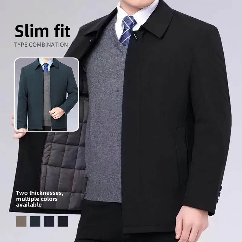 سترة رجالية سميكة من القطن لفصلي الخريف والشتاء، تصميم جديد دافئ بياقة عالية وطول طويل مع زر واحد للإغلاق وجيب جانبي #2