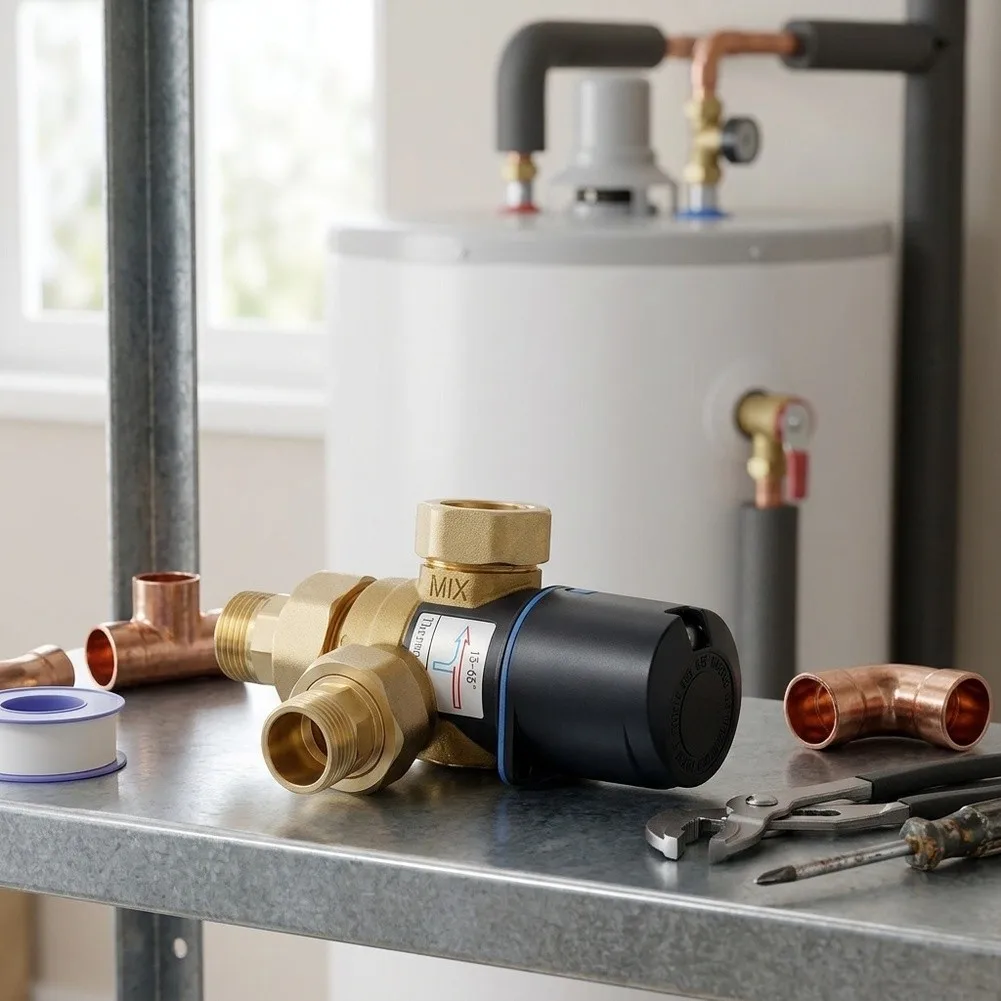 Brass Thermostatic Mixing Valve For Water Heater & Floor Heating, 3-Way Temperature Control Union Fitting