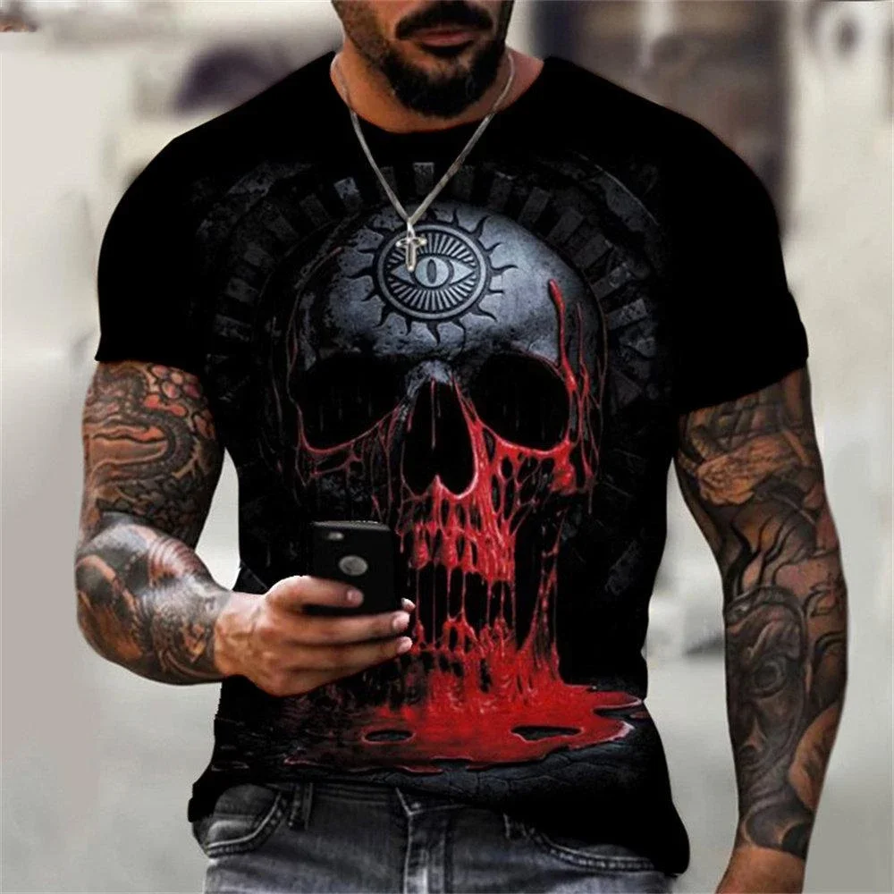 Trendy Street Style Men's 3D Skull Zipper Print T Shirt USA Flag Star Short Sleeve Crew Neck Casual Tee Vintage Gothic Style Top