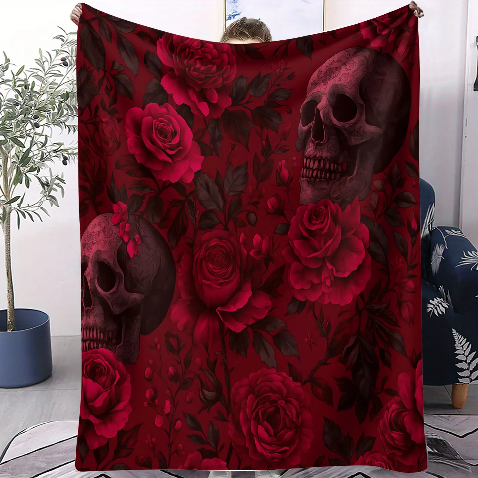 بطانية قيلولة على شكل جمجمة قوطية حمراء ووردية، بطانية تكييف هواء رومانسية داكنة لديكور المنزل، بطانية ناعمة على الطراز البديل