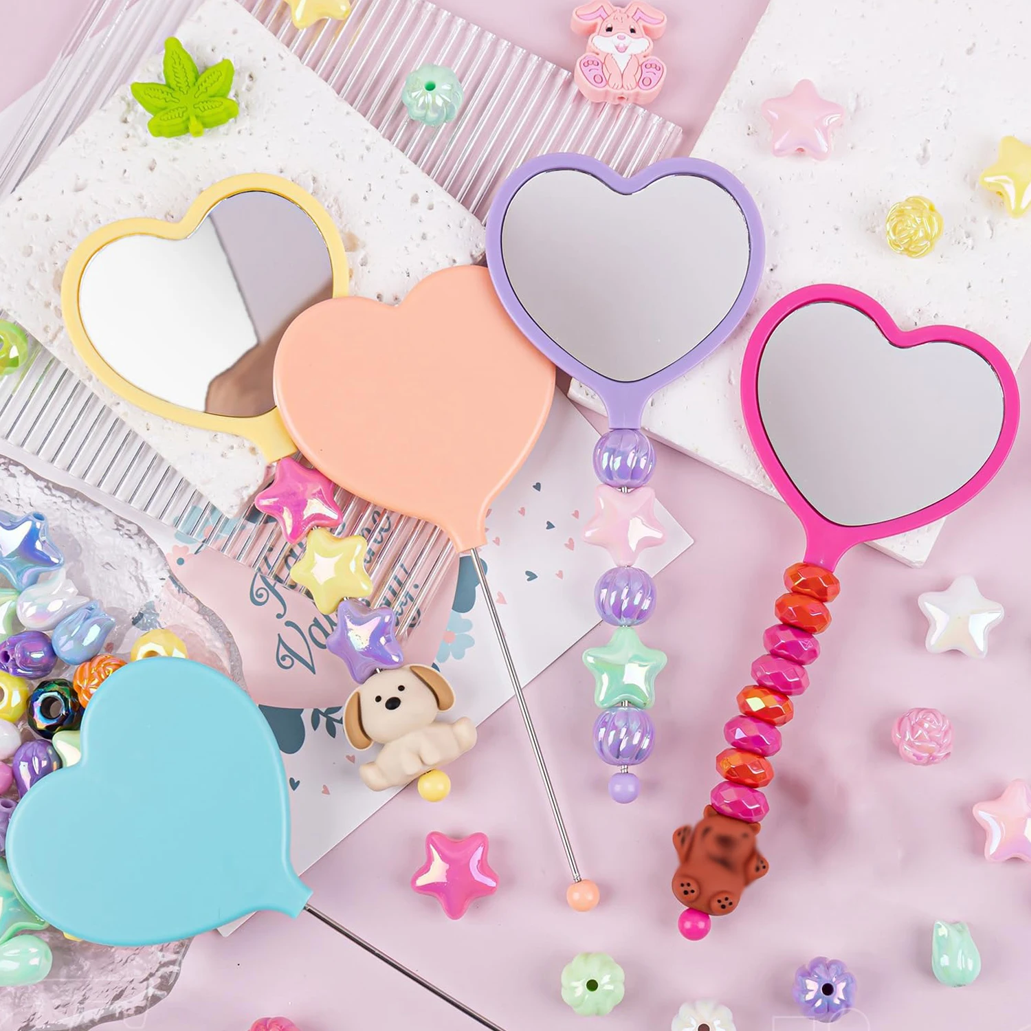 60Pcs Creative DIY Beaded Bookmark Mirror – Heart Design Portable Bookmark with Beaded Handle for Reading and Beauty Touch‑Ups