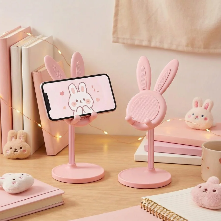 

Adjustable Pink Rabbit Cartoon Phone Stand Desktop Holder For iPhone 17 16 Samsung Smartphone Table Support