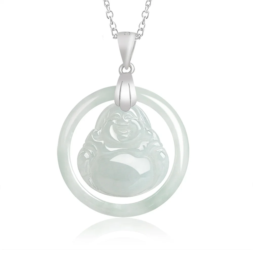 

Ожерелье из серебра 925 пробы с натуральным ледяным зеленым нефритом, резной Будда в круглой окружности, искусственное ожерелье, сертификат, роскошные Винтажные Ювелирные изделия из нефрита