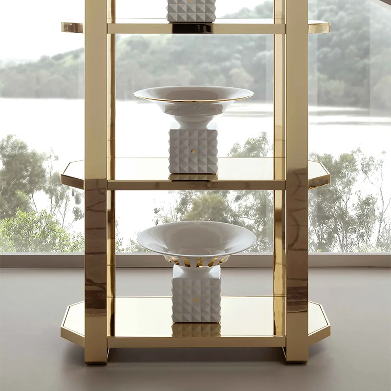 Estante Decorativa Multifuncional de Luxo Moderna com Inserto Central e Detalhes em Metal de Aço Inoxidável Italiano Personalizável