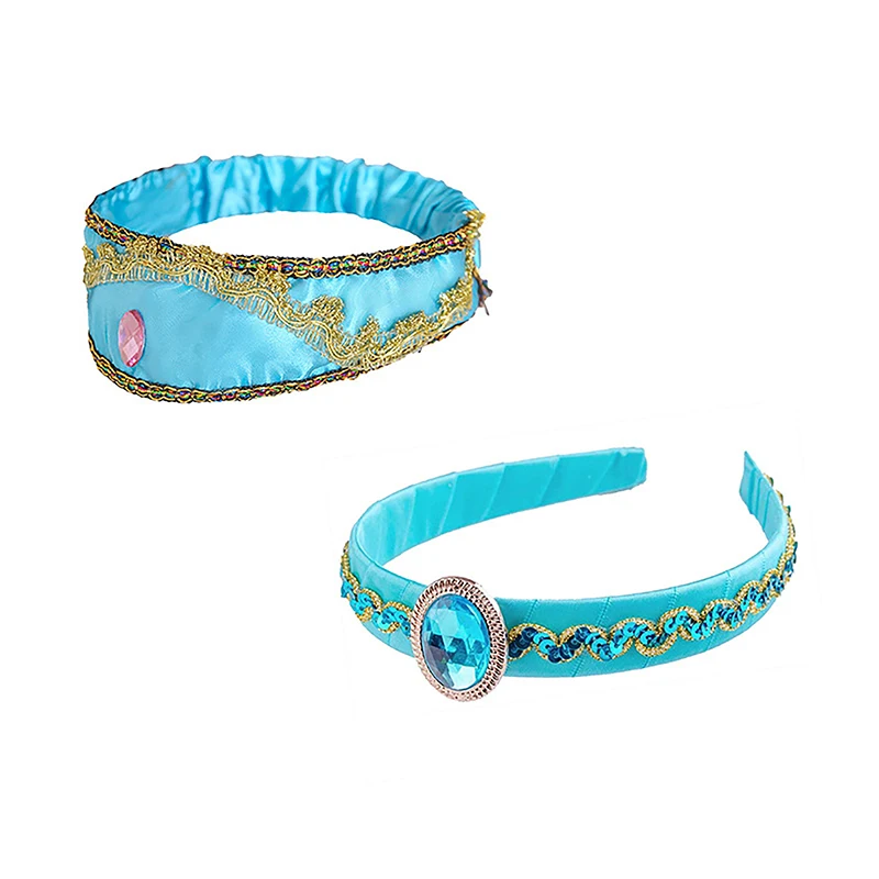 1PCS Girls Jasmine Blue Headbands Large Crystal Children Headwear Arabian Princess Hair Bands For Cosplay Party Hair Accessories