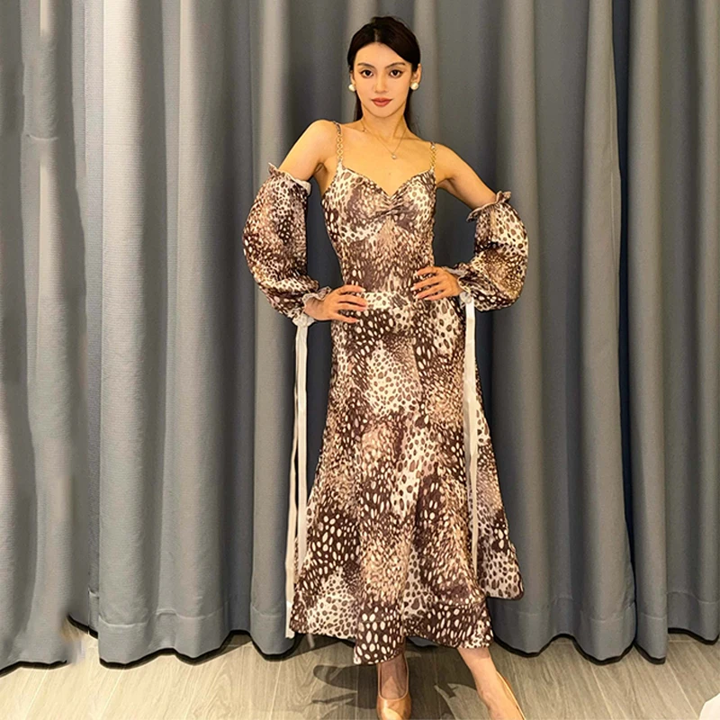 New Women's Waltz Ballroom Dance Clothes Leopard Topa Long Skirt Adult Latin Dance Performance Costume Competition Dress BL15684