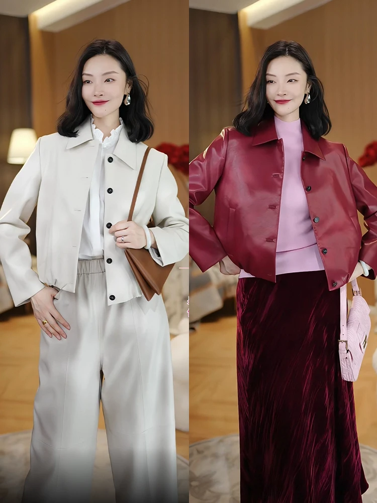 

Guan Dong High-End Matte Protein Leather ort Jaet Loose Casual Sle Women's Faion Slimming Outerwear for Daily Wear