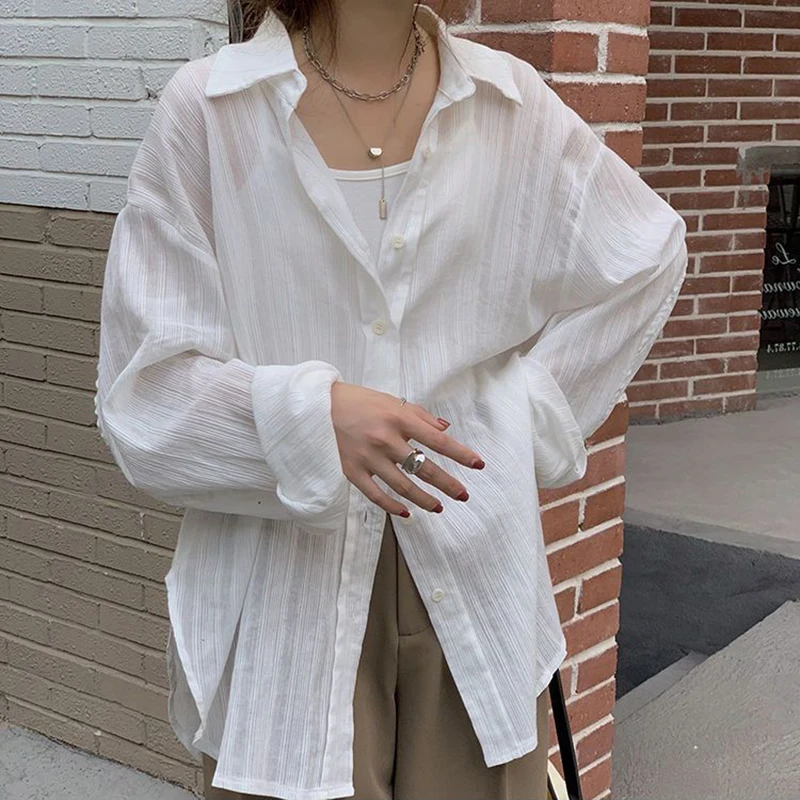 

Gidyq Women Sexy Translucent Shirt Korean Casual Folds Loose Long Sleeve Sun Proof Clothes Summer Fashion Female All Match Tops