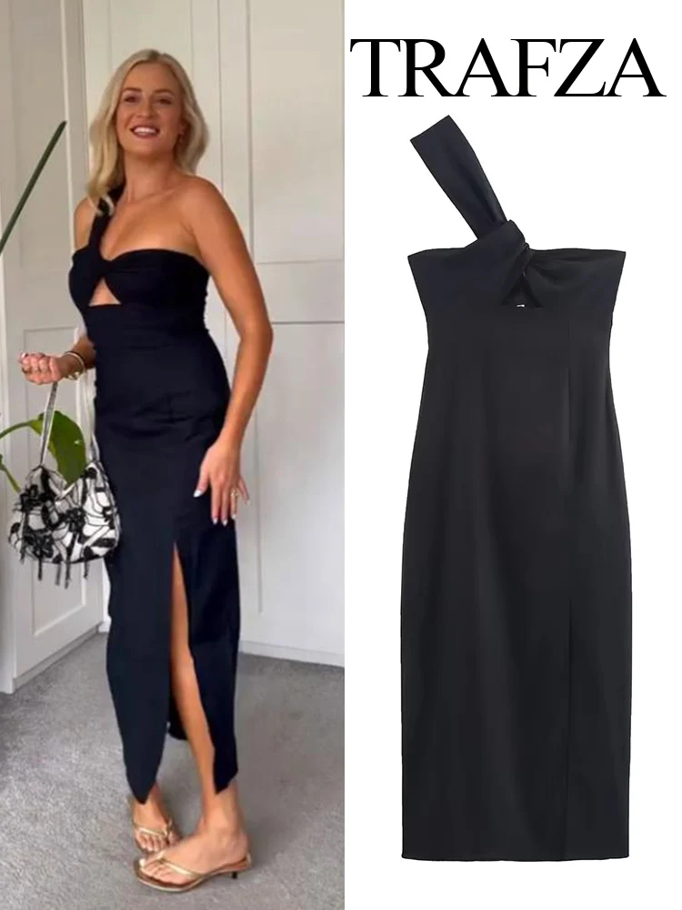

HH Women Fashion Backless Long Dress Black Asymmetrical Collar Hollow Out Zipper Female Summer Elegant Slit Sleeveless Dress