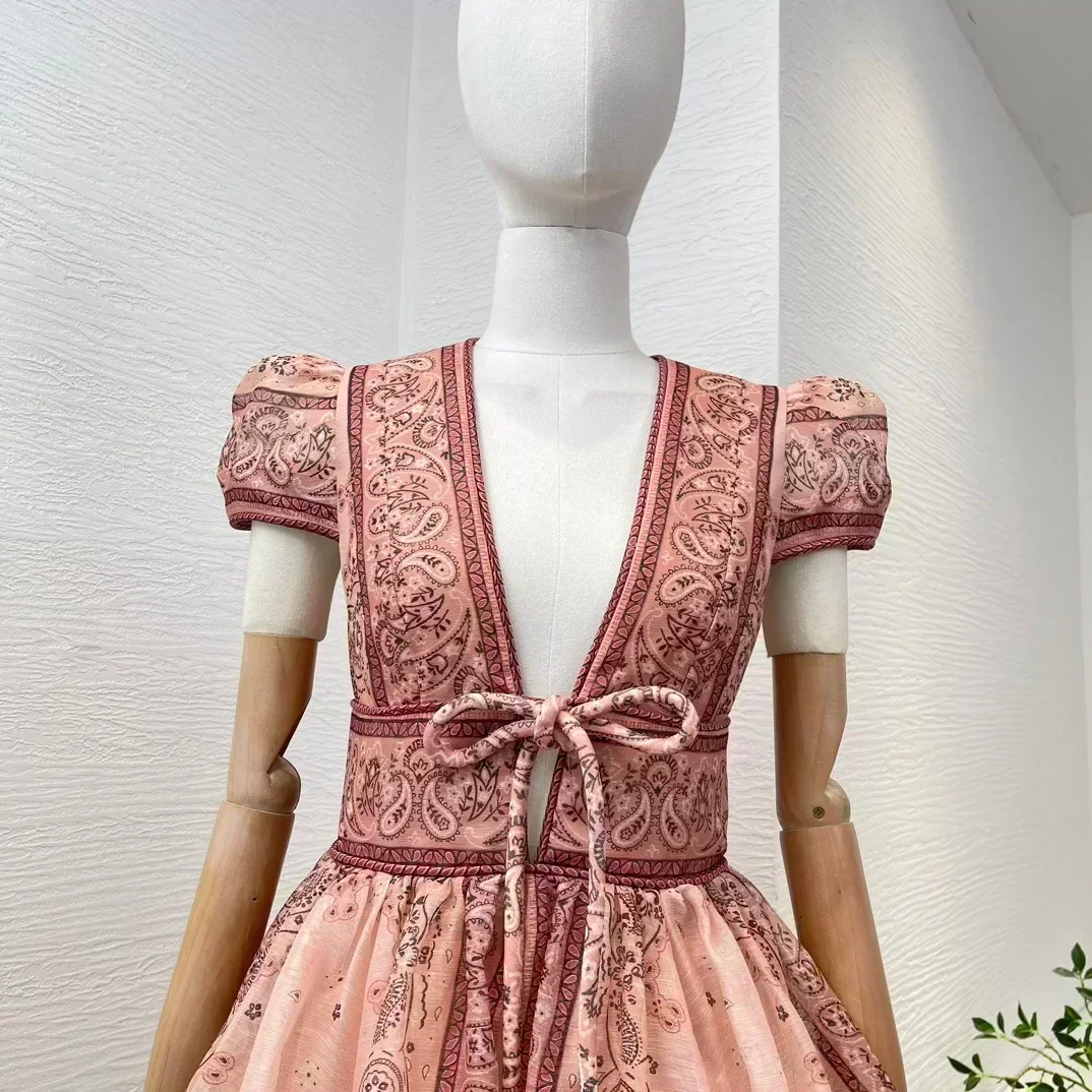 2024 Nuovo Paisley di Alta Qualità di Lino di Seta Arancione Rosa Stampa Floreale Con Scollo A V Lace-up A Vita Alta Donne Vintage Mini Abito