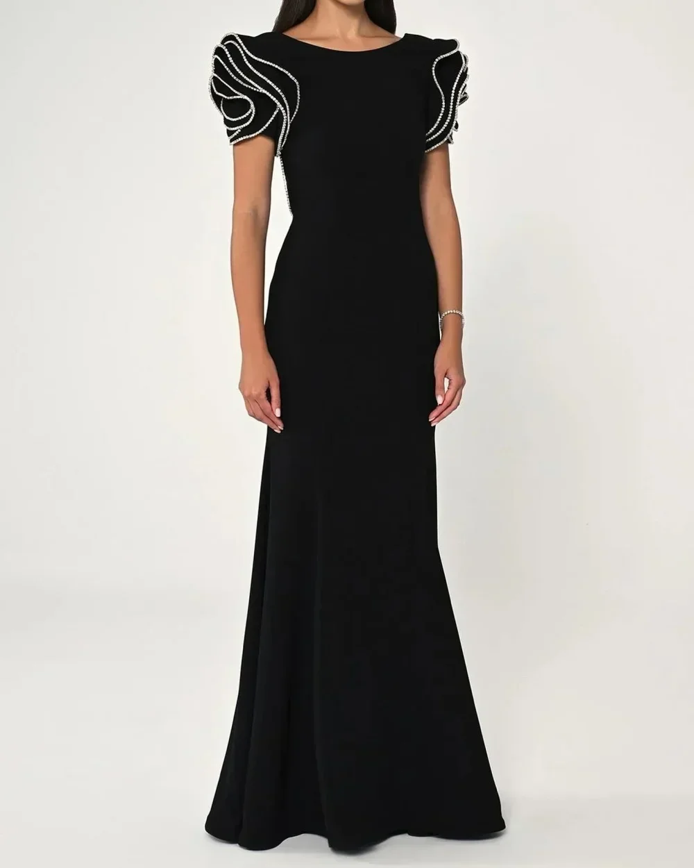 

Customized Elegant Crystal Short Sleeves Evening Dresses Black Jersey O Neck Prom Dress Floor Length A-Line Party Dress