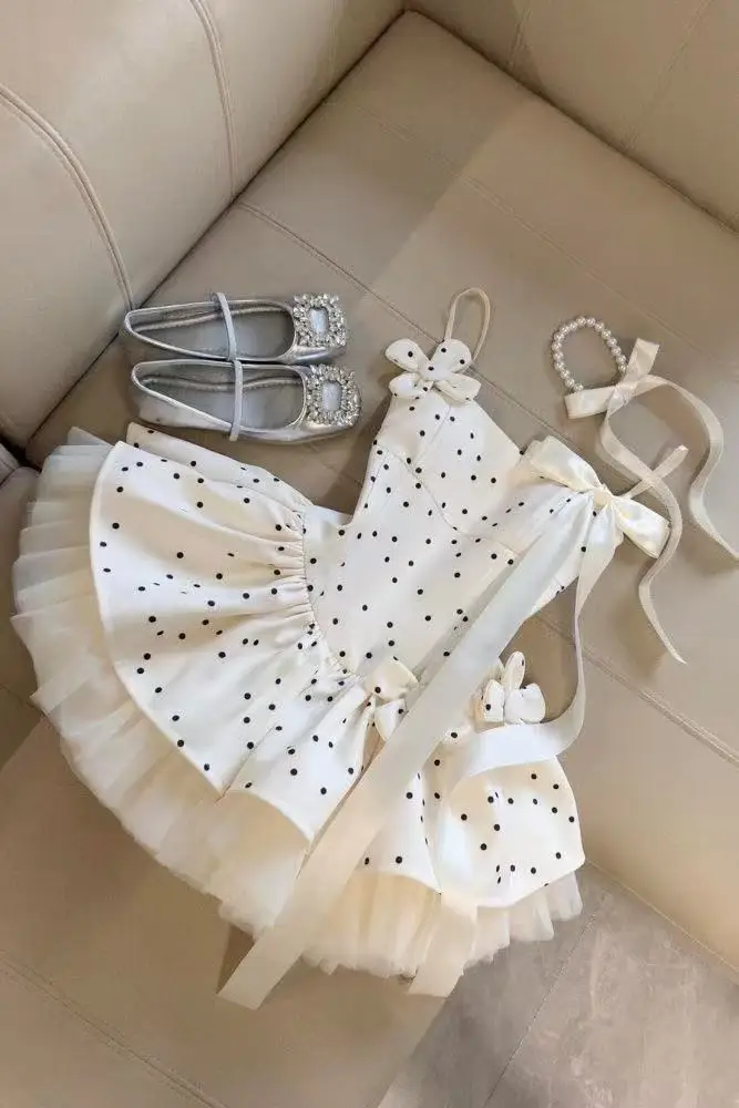 Sweet Elegant Slim Polka Dot Women 2-piece Set Women Design Chic Puff Sleeve Lapel Tops Female + Bow Sling New Thin 2025 Summer