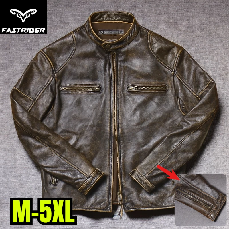 

Vintage-finished Genuine Cowhide Leather Jacket, Men's Slim-fit Short Motorcycle Coat