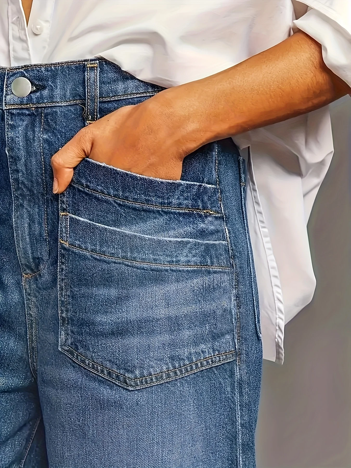 女性用非伸縮性ブルーワイドレッグルーズハイウエストジーンズ、ストレートチューブルーズワイドレッグバージョン、ファッショナブルでシンプル