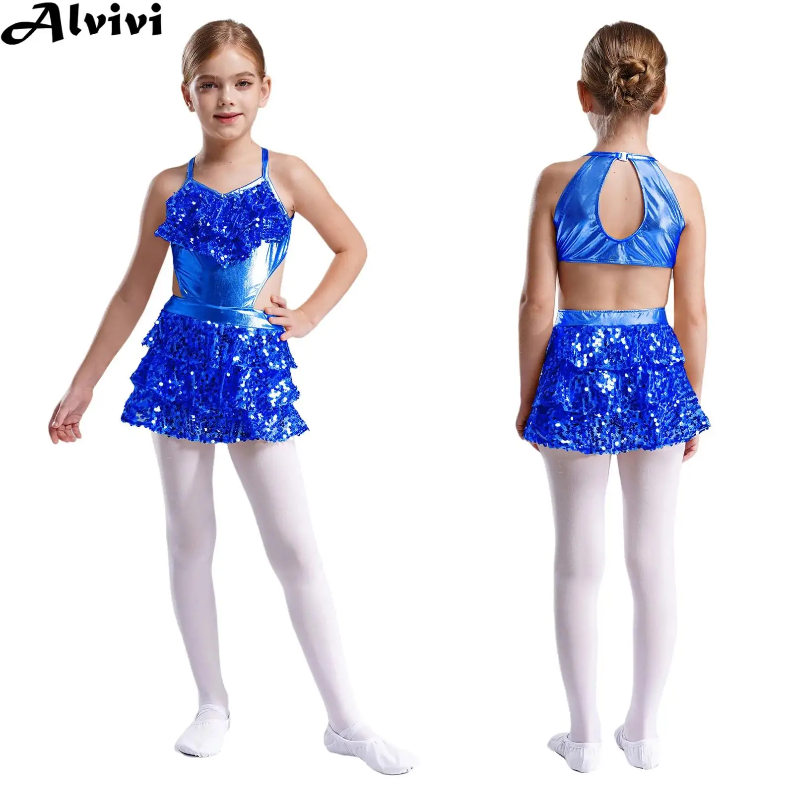 

Children Girls Sleeveless Metallic Sequin Cutout Latin Jazz Dance Bodysuit Dress Cha-cha Samba Rumba Tango Performance Dancewear