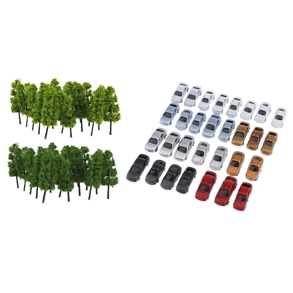 50 Pieces of Painted Model Cars And Model Tree Construction Train Layout