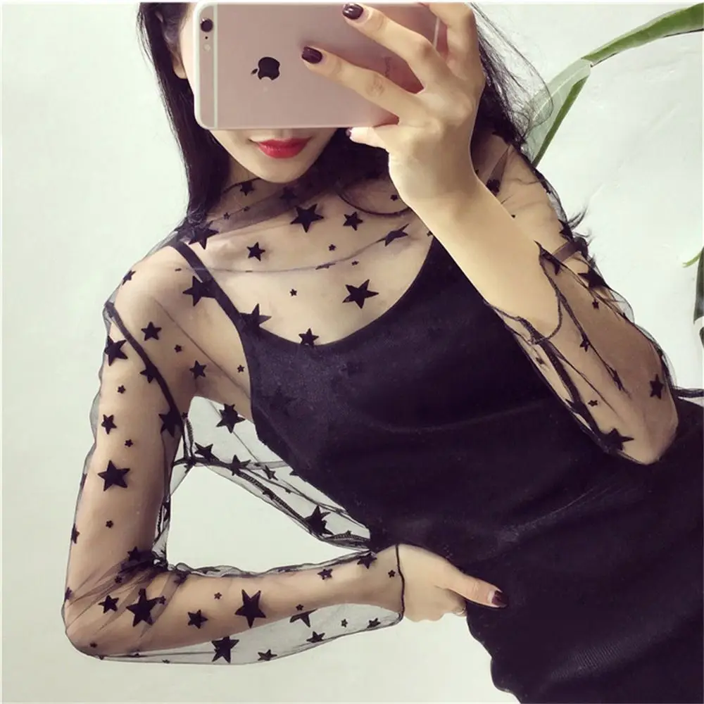 Casual Top See-Through Lace T Shirt Mesh Fishnet Long Sleeve Mesh Ladies Tops Floral Turtleneck Transparent T-shirt Women Girls