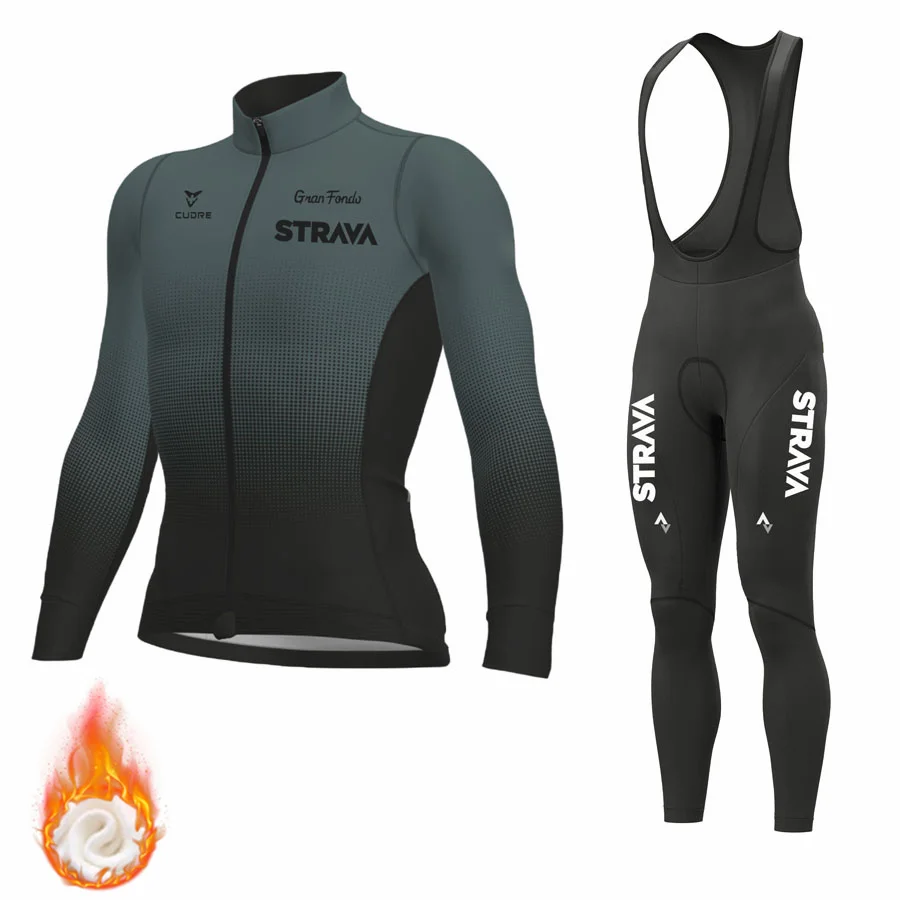 STRAVA Cycling Clothing Man Winter Thermal Fleece Men Mtb Men\'s Male 2024 Jersey Team Laser Cut Blouse Sports Set Triathlon Suit