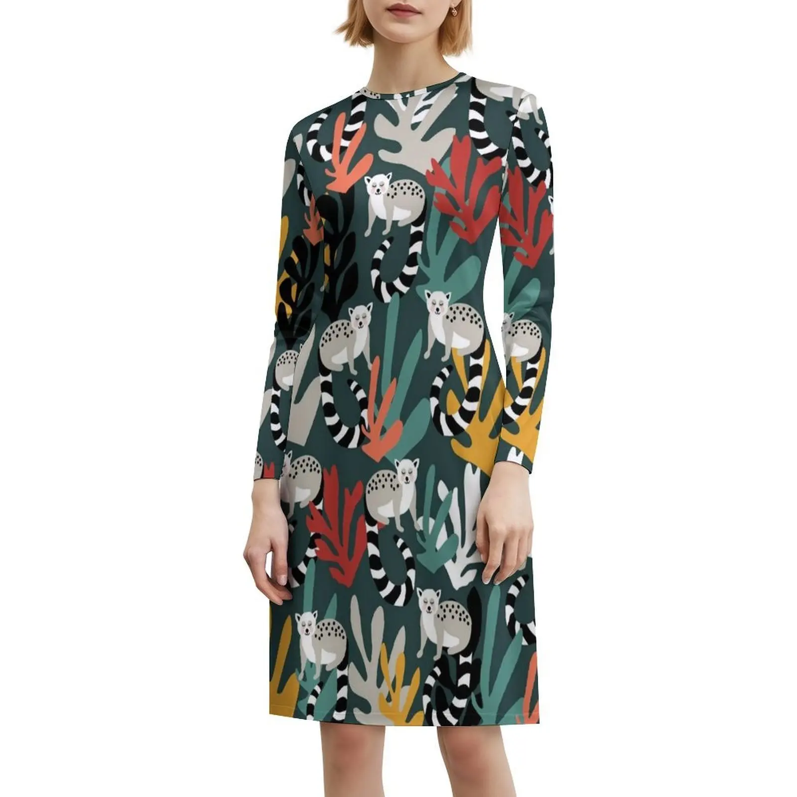 فستان بوهيمي بدون أكمام بطباعة ليمور مع أوراق استوائية للنساء، فساتين حفلات الشاطئ مطبوعة باللون الأصفر والأزرق والأسود والرمادي والوردي #6