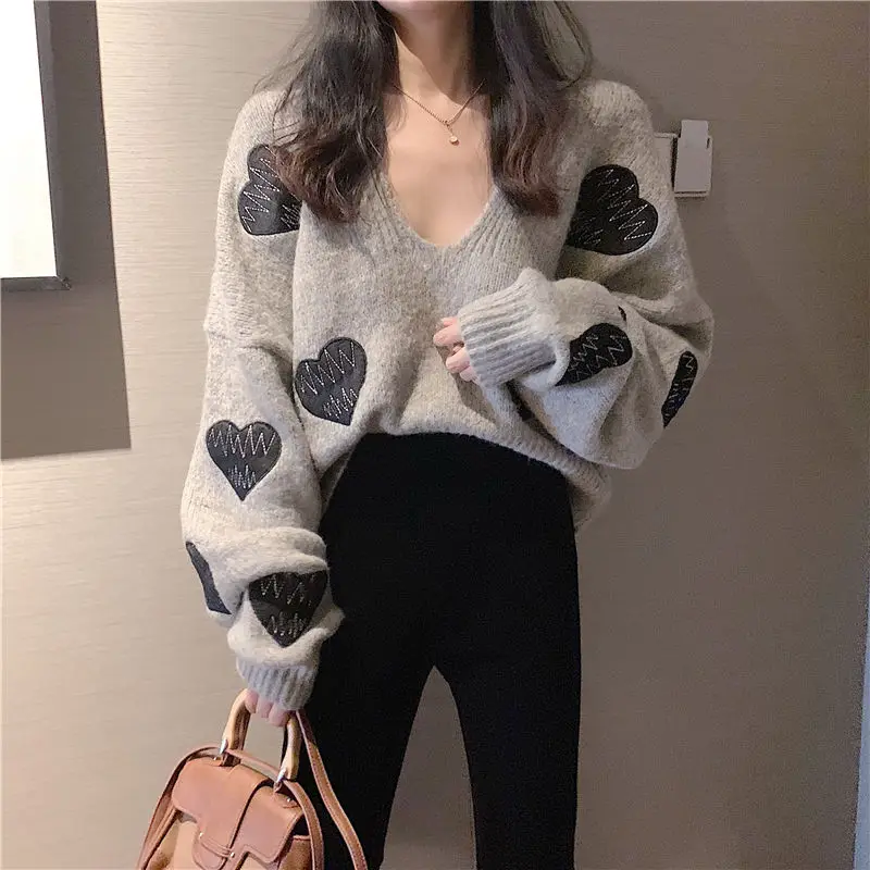 Long Sleeve Knitting Printing Ladies Pullovers Casual Autumn Winter Thin Interior Lapping Sweet Women\'s Clothing V-neck Sweaters