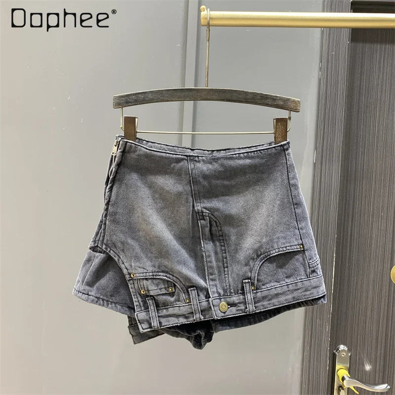 Casual Women's Irregular Jean Shorts 2023 Summer New Streetwear Y2K Woman High Waisted Side Zipper Slimming A- Line Skirts