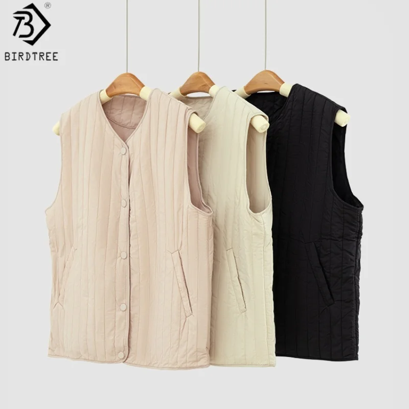 

Теплый жилет из 100% тутового шелка с наполнителем Birdtree, женский жилет без рукавов с v-образным вырезом и кнопками, осенне-зимние топы 2025 T5O714JF