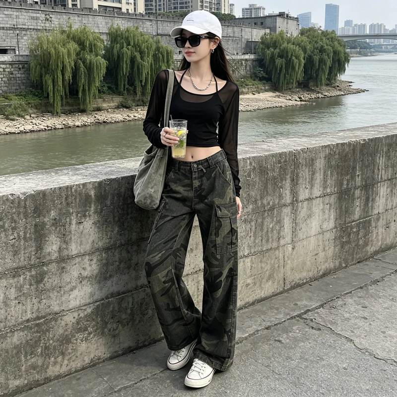 Women Retro Camo Cargo Wide Leg Jeans High Waist Multi Pocket Loose Drape Slim Denim Pants