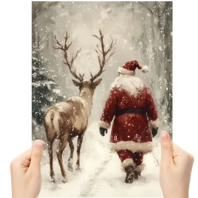 [Vintage Christmas Wall Art] Vintage Christmas Canvas Wall Art Print, 1 Santa Claus and Reindeer in the Snowy Forest - Unframed