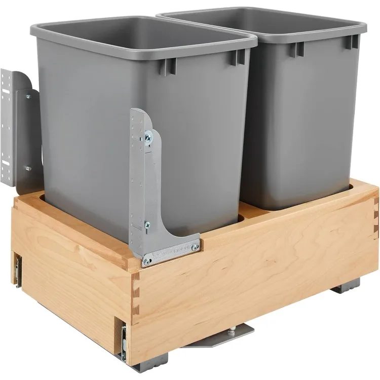 Double 35 Quart Pull Out Under Cabinet Trash Can with Soft Open & Close Slide System, Metallic Silver, Maple Wood Bottom