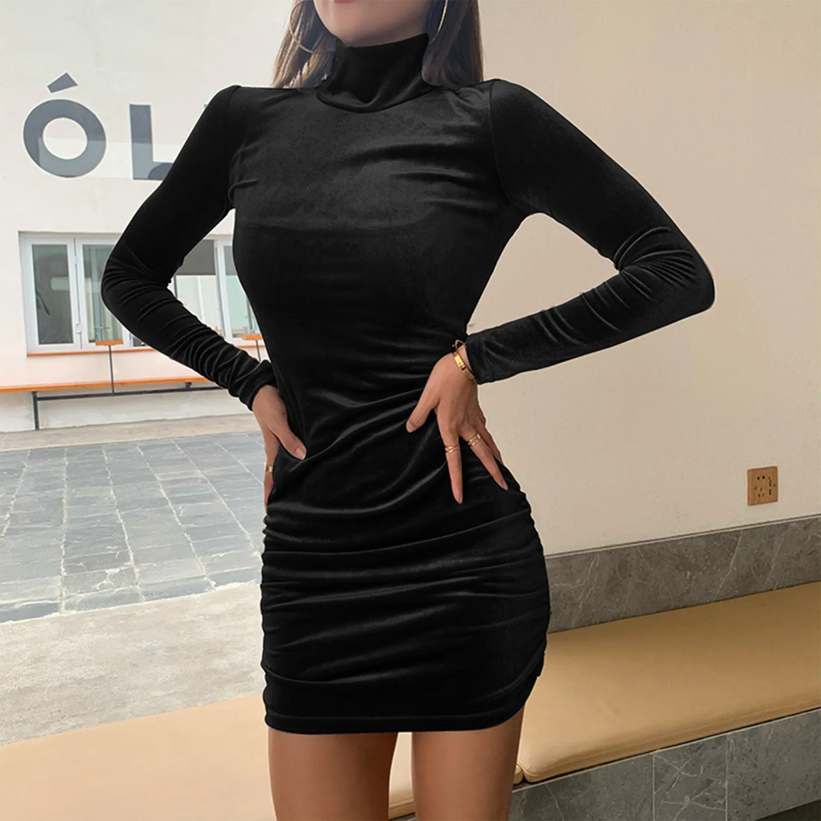 

Sexy High Neck Velvet Bodycon Dress Womens Spring Fashion Casual Winter Women's Dresses Club Party Dresses Formales Vestidos