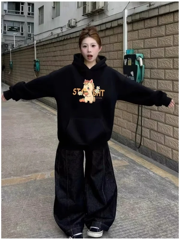 

Худи большого размера с мультяшным принтом, весна-осень, свободный крой, повседневная толстовка с капюшоном, удобная хлопковая куртка