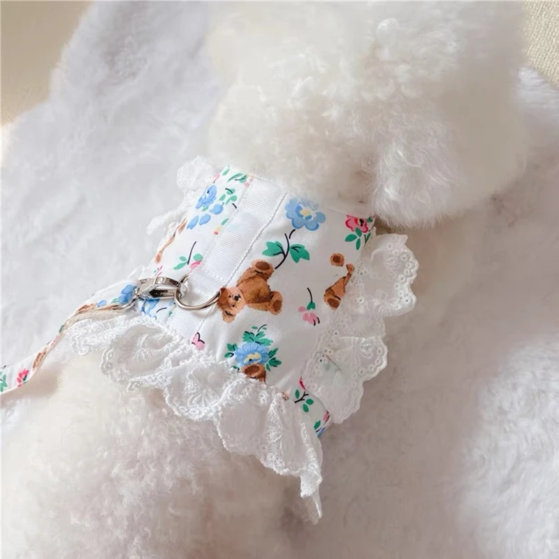 Lace Floral Dog Cat Harness Leash Set Adjustable Pet Vest Puppy Kittens Princess Dress Skirt Walking Lead Chihuahua Accessories