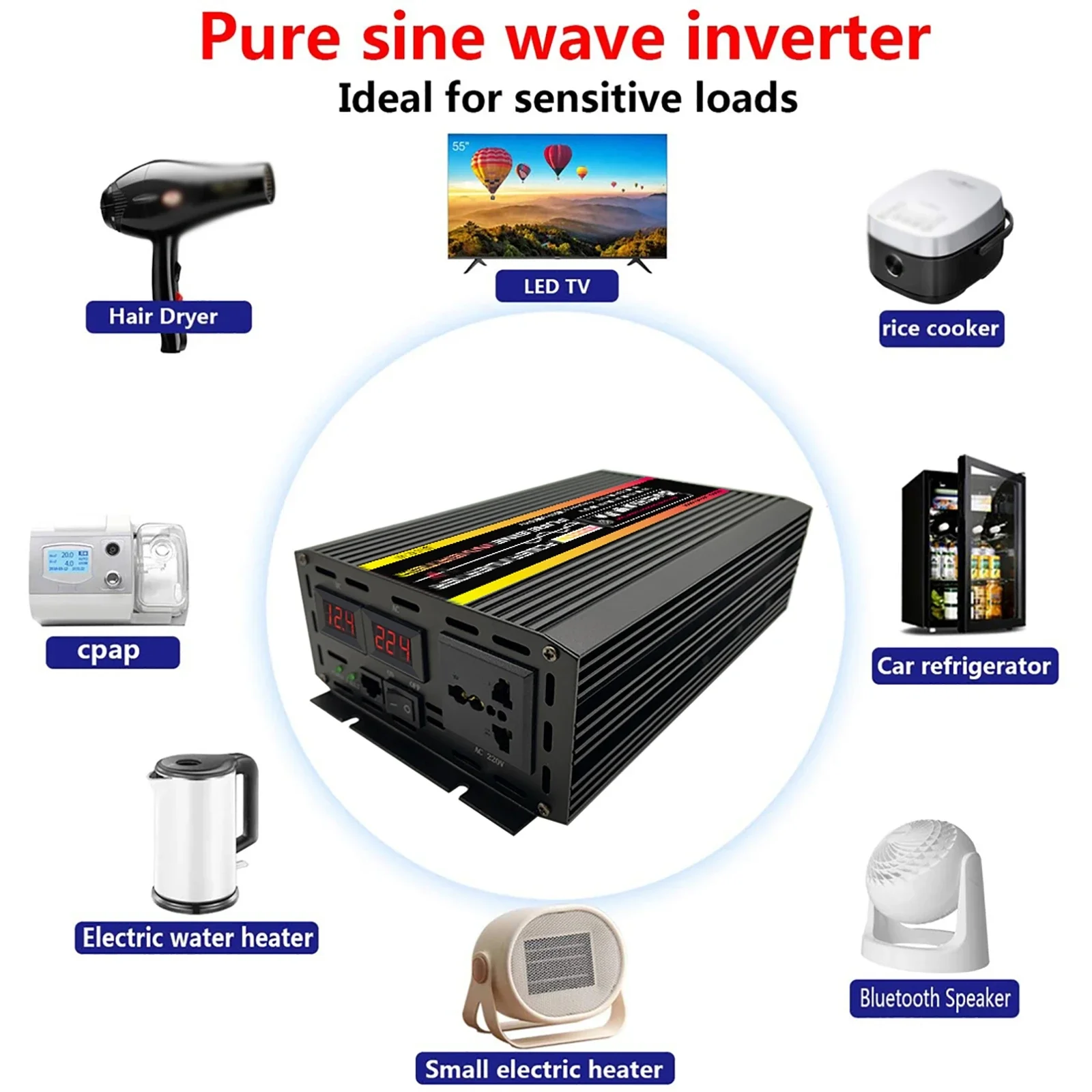 12000W Pure Sine Wave Power Inverter DC 12V 24V To AC 220V Converter Inverter for Solar System Home Outdoor RV Car 50hz 60hz