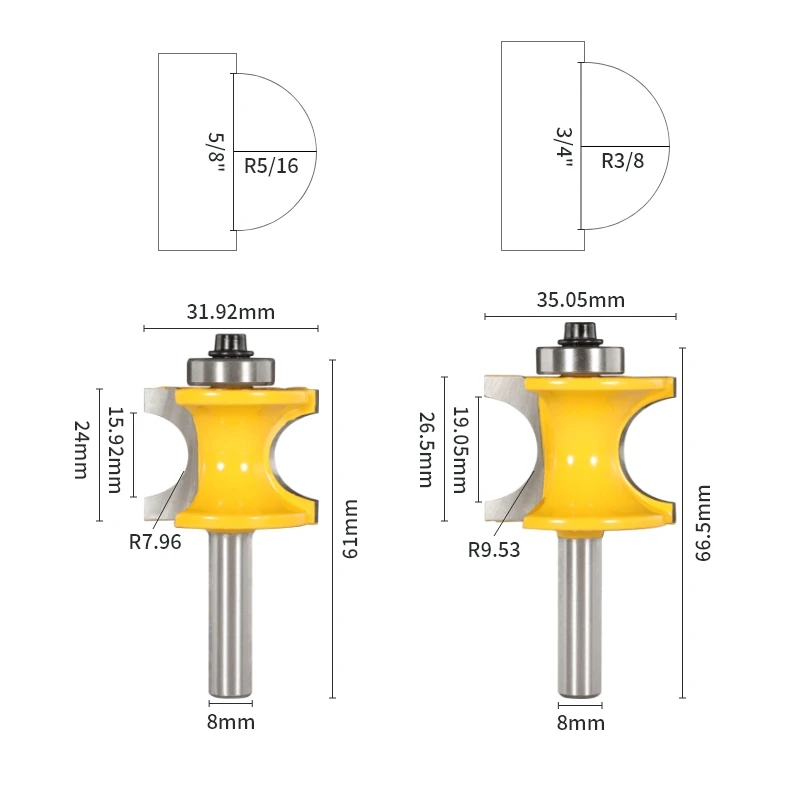 8MM Shank Bull Nose Radius Bit Router Bit Woodworking Milling Cutter For Wood Tools