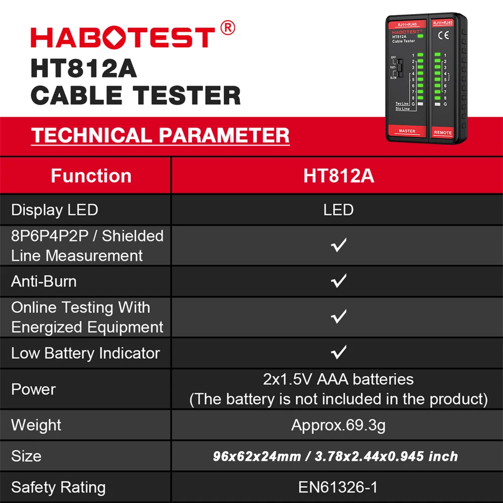 HABOTEST HT812A Cable Tester Network Telephone Cable 8P 6P 4P 2P & Shielded Line Continuity Ethernet Cable Tester RJ11 RJ45 Port view 6