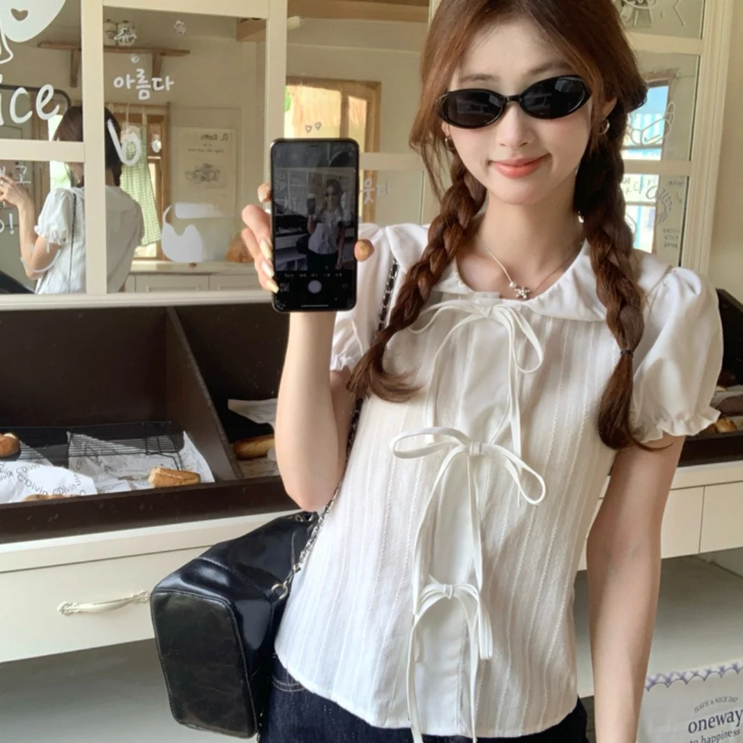 

Cute Doll Collar Bowtie Bubble Sve irt Women's ort Sle Fre Versatile Summer 2025 Polyester Fiber round Ne Inner ...
