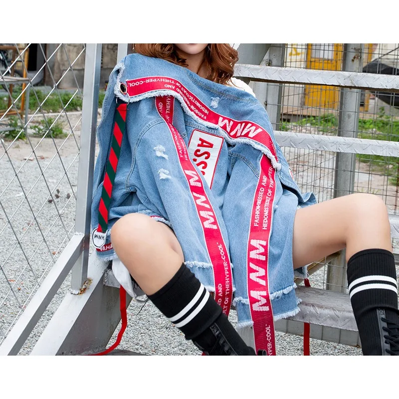 

Harajuku Street Ripped Denim Jacket for Women, 2024 New Hip Hop Alphabet Embroidered Belt, Denim Jacket for Men and Women