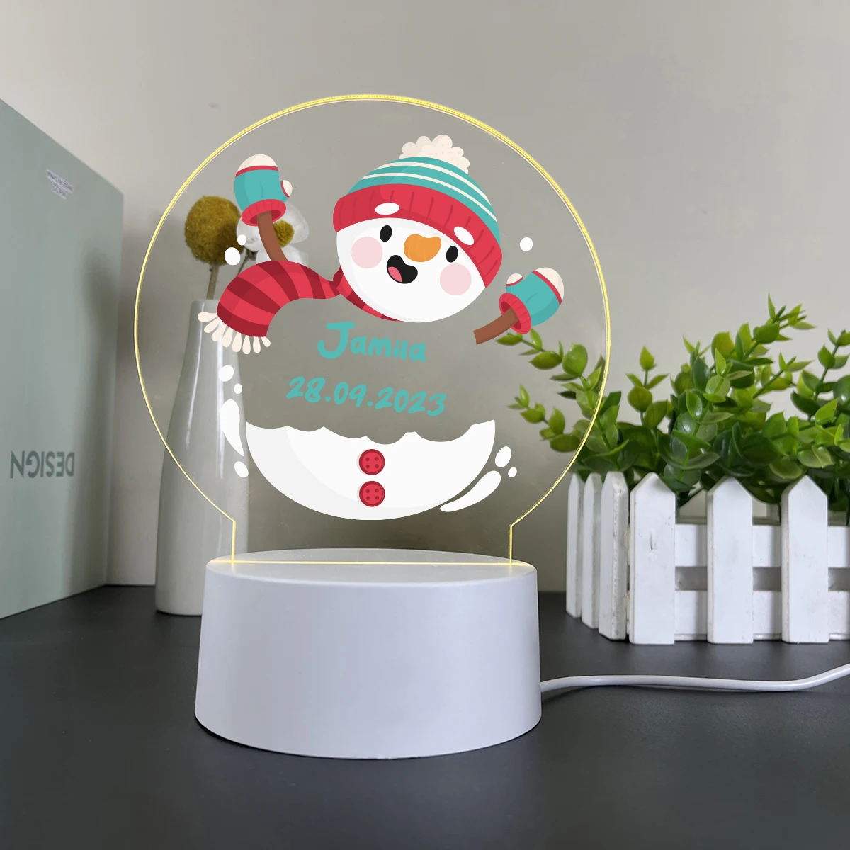 1PC Lovely Snowman UV Print Personalized Name Acrylic Light For Christmas Gift Custom Date 3D Visual Lamp Baby Room Decor