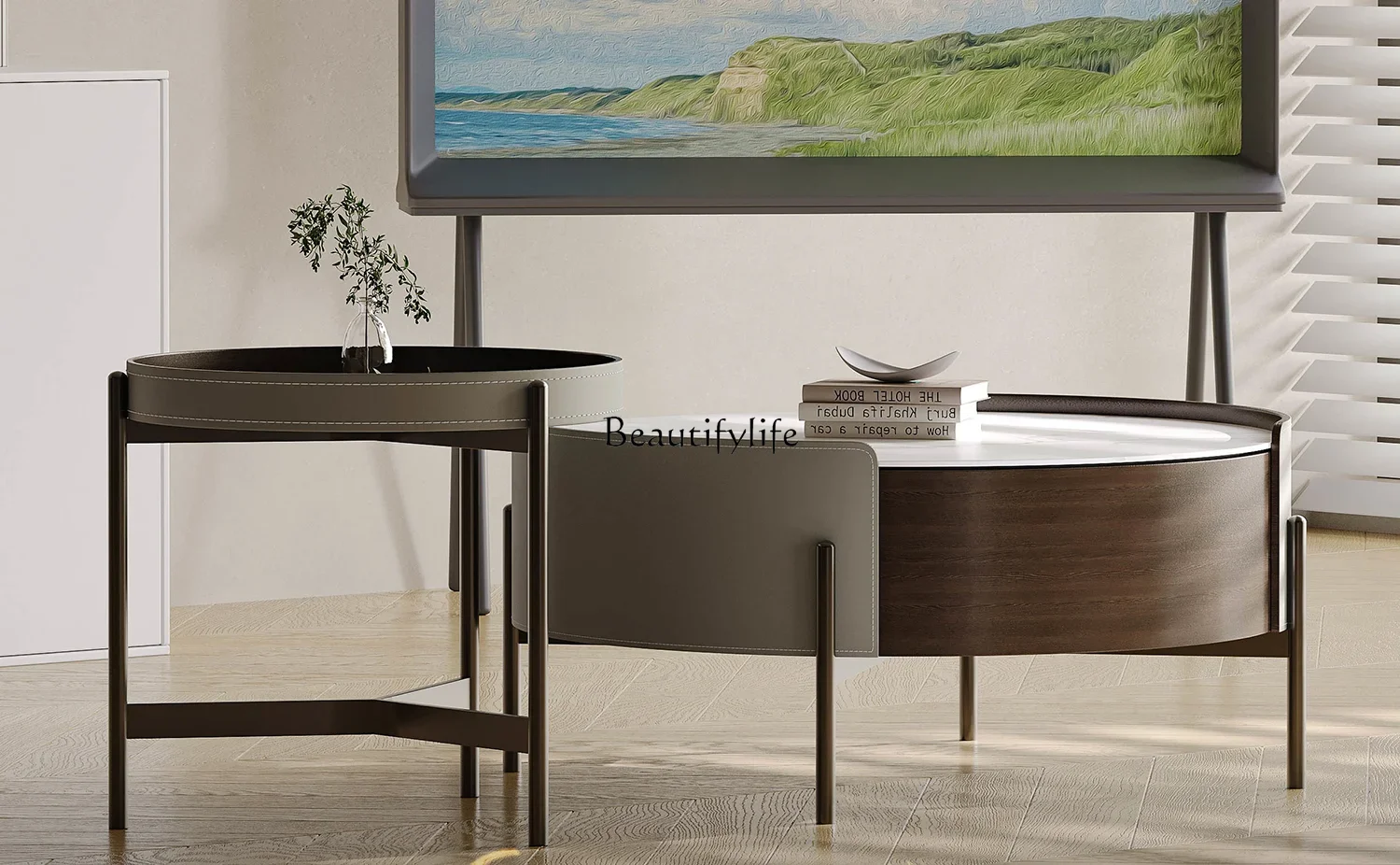 

Minimalist Stone Plate Coffee Table Combination Saddle Leather round Metal Simplicity Solid Wood Side Table