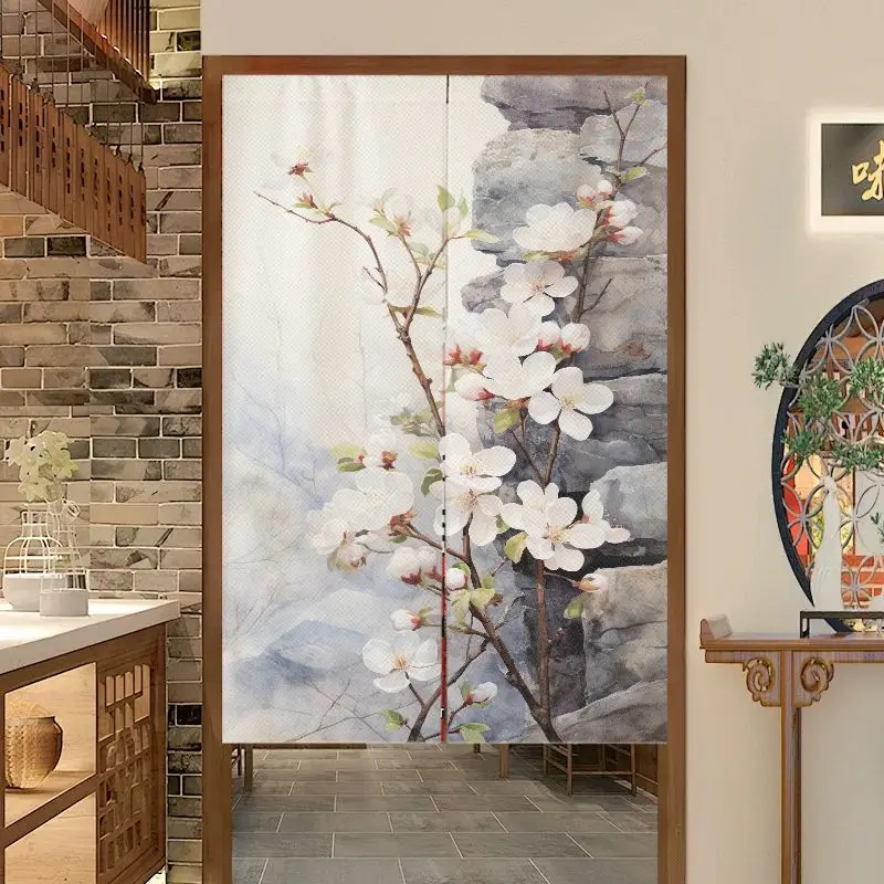 VIKAMA Sakura Flower Bird Japanese Door Curtain, Oriental Ink Landscape Noren, Aesthetic Partition Curtain, Vintage Home Decor