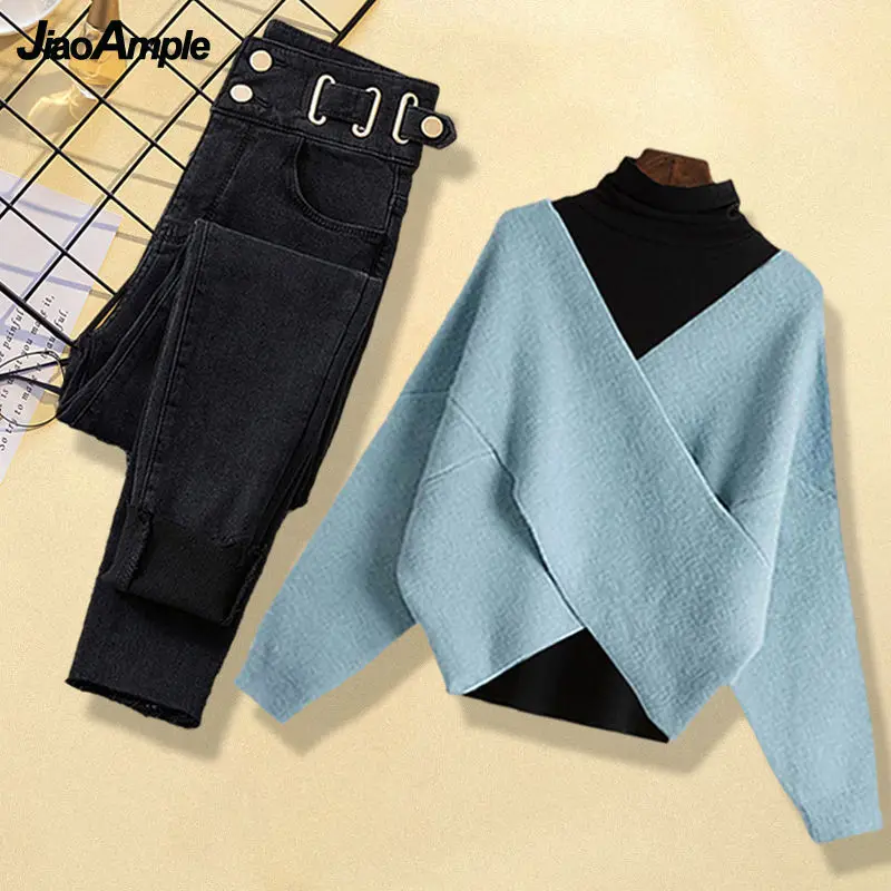 

Women's Winter New In Matching Set Korean Elegant V-Neck Knitted Sweater+Black Bottom Pullover+High Waist Jeans Three Piece Suit