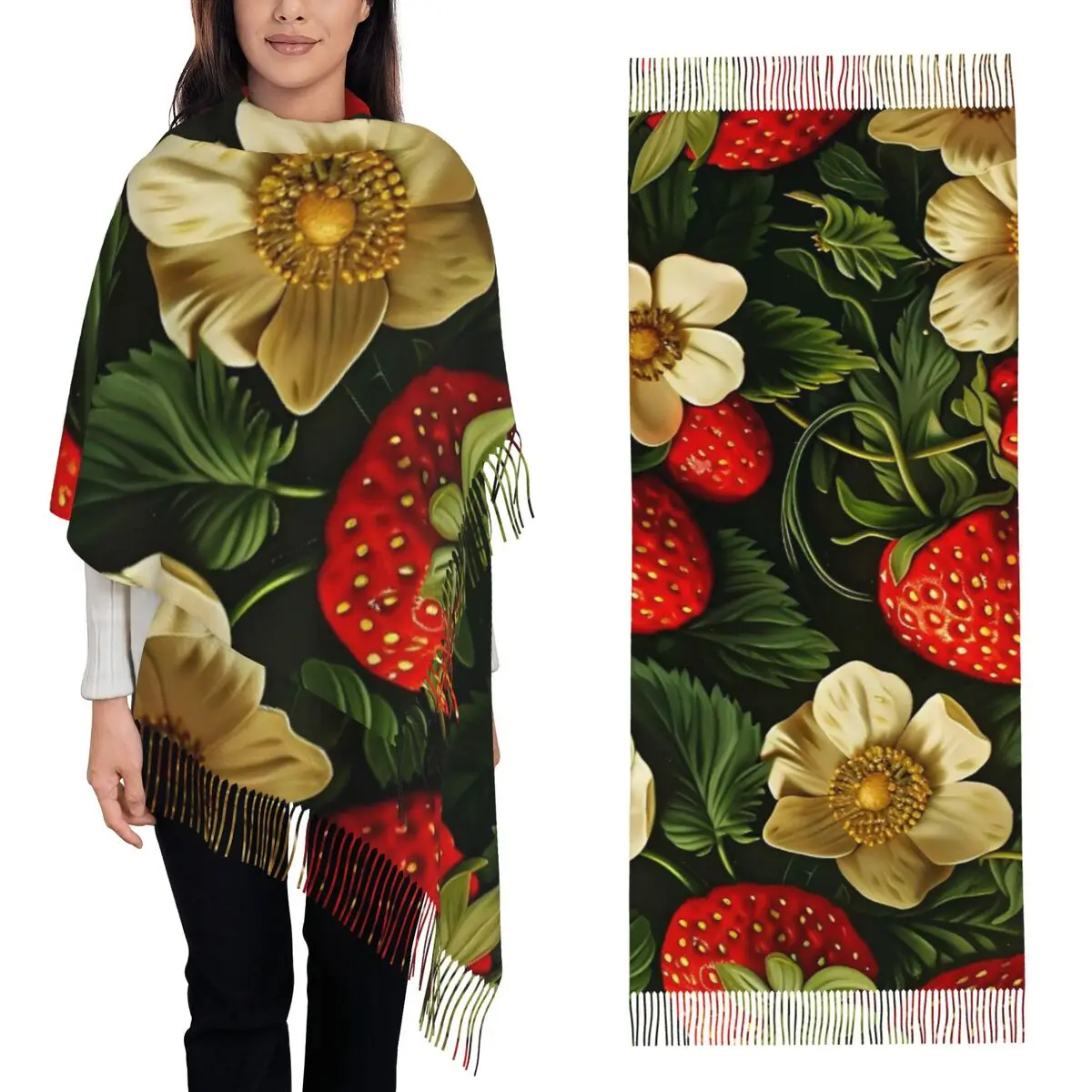 Fresh Strawberry Floral Pattern Scarf Tassel Scarves for Women Soft Warm Shawls and Wraps Long Fall Winter Shawl Wrap