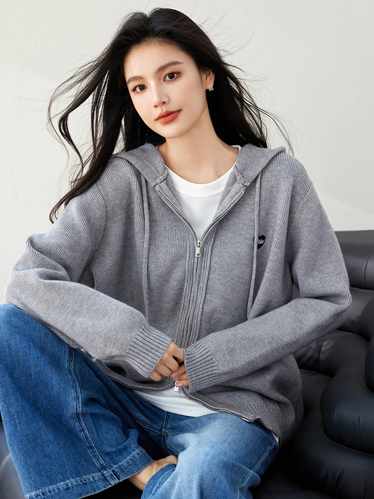 2024 Autumn Winter New Gray Preppy Style Double Zipper Hooded Cardigan Women\'s Loose Casual Soft Knitting Sweater Female Coat