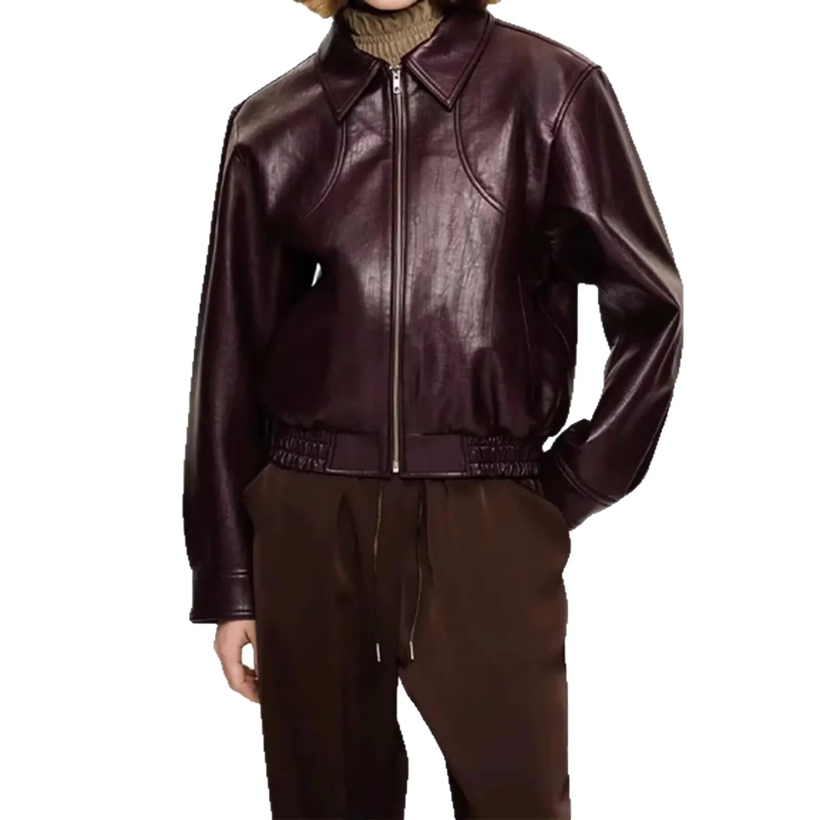 Retro Cool Long Sve Zipper Sle Leather Jaet Neues Damen-Faion 2025, dünnes Modell mit Umlegekragen für die Herbstsaison