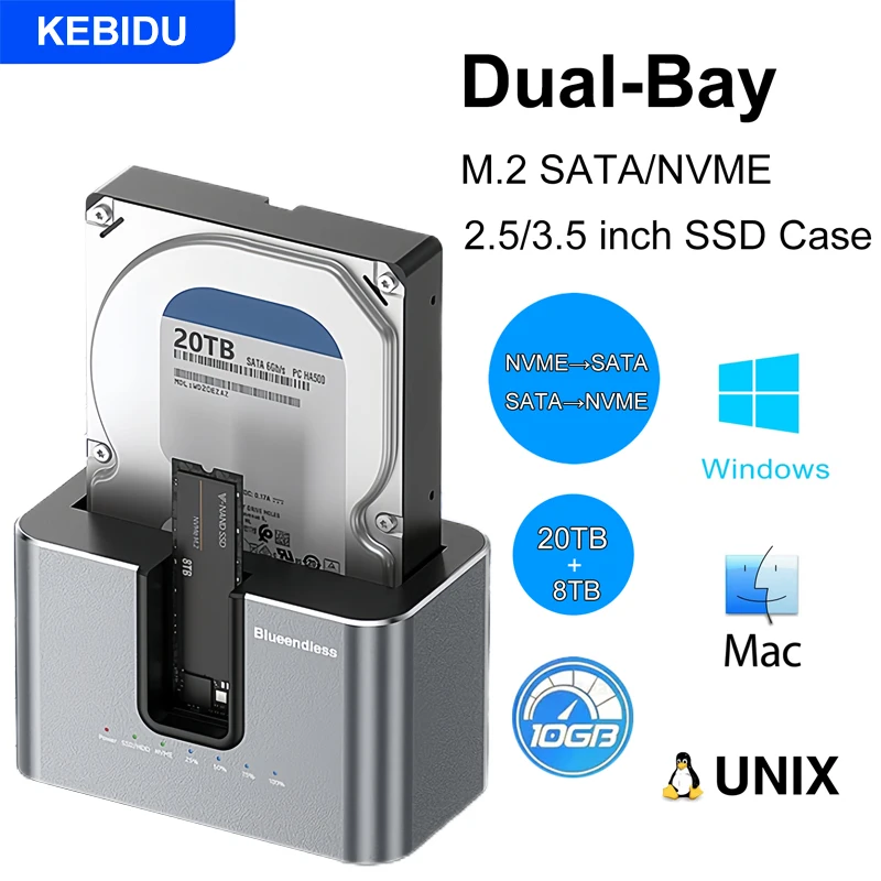 

Dual-Bay Hard Drive Docking Station NVMe/SATA M.2 SSD Case 2.5/3.5 inch HDD SSD Box Offline Cloning Enclosure 10Gbps Adapter