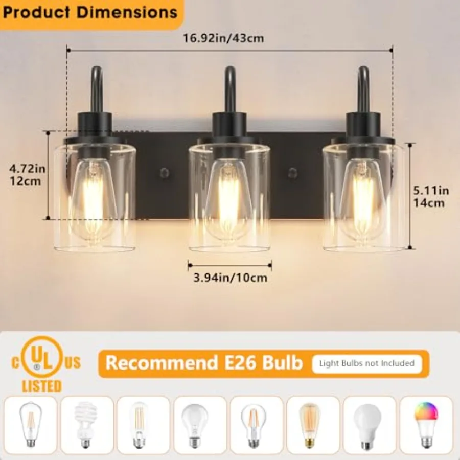3-Light Bathroom Light Fixtures, Vanity Light Farmhouse Wall Sconces with Clear Glass Shade, Modern Bathroom Wall Lamp for Mirr view 2