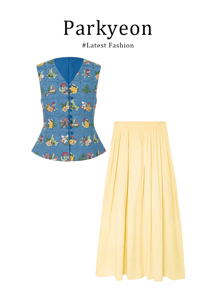 

Костюм-двойка Parkyeon: Желтый облегающий жилет с ретро-вышивкой и юбка с завышенной талией, комплект из двух предметов с круглым вырезом