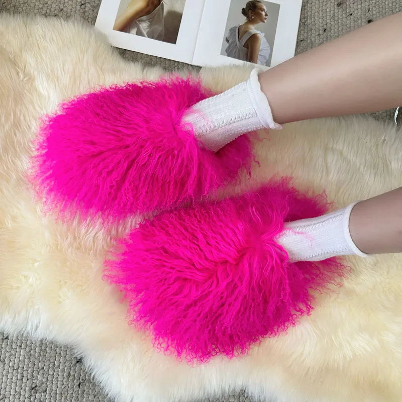 New Designer Luxury Fluffy Fur Slipper Women Mongolian Fur Slides Woman Shoes Women Flat Toe-covered Slippers And Clutch Bag Set