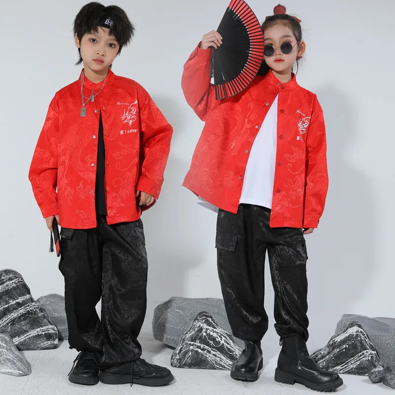 Kinderkostüme, rote Hip-Hop-Performance-Kostüme für Männer und Frauen im chinesischen Stil, Trommelsets, Street-Dance-Kleidung für Kinder